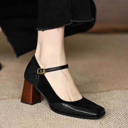 Women's Square Toe Block Heel Pumps Ankle Strap Brogue