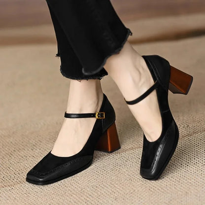 Women's Square Toe Block Heel Pumps Ankle Strap Brogue
