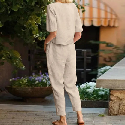 Ensemble deux pièces en lin avec haut et pantalon pour femme