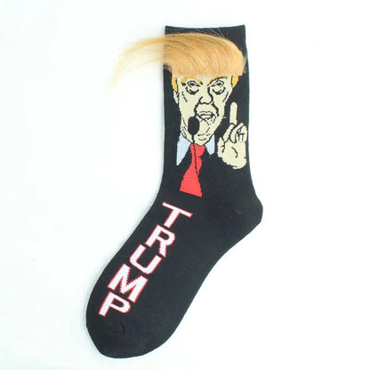 Funny President Donald Trump Socks with 3D Fake Hair Crew Socks Mens Compression Socks Streetwear Hip Hop 2022