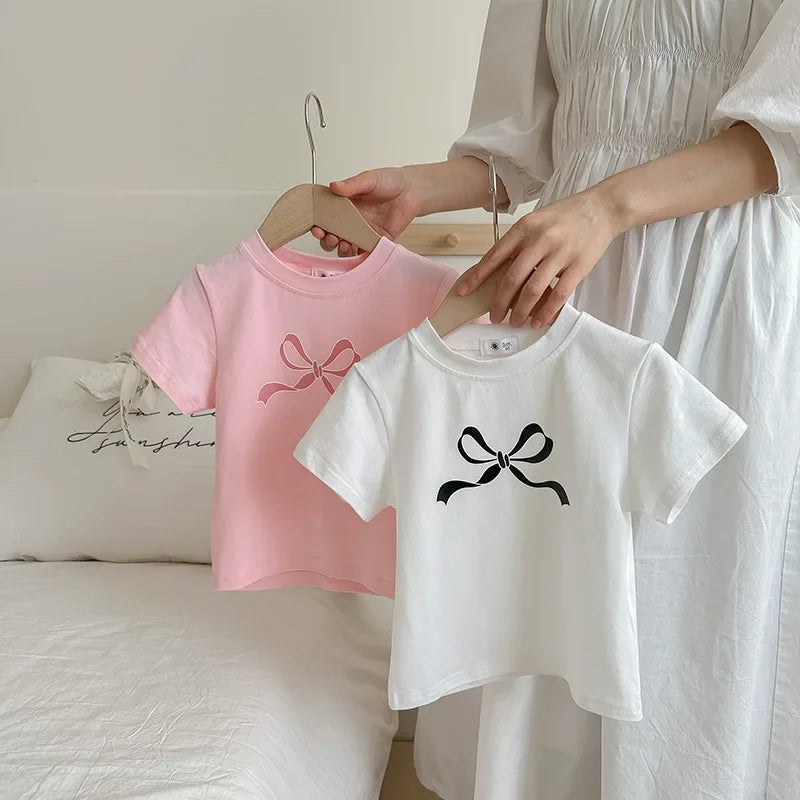 T-shirt Tops Baby Casual Korean Version of the Spring and Summer Girls Short Sleeve T-shirt Bow Children's