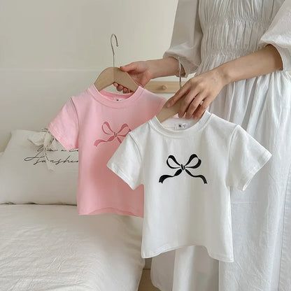 T-shirt Tops Baby Casual Korean Version of the Spring and Summer Girls Short Sleeve T-shirt Bow Children's