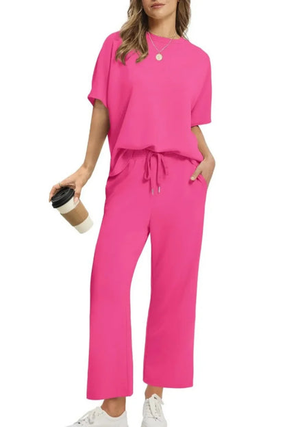 Damespak met korte mouwen, casual zeven-achths-broek, broek met wijde pijpen, 2025, nieuwe zomer dames