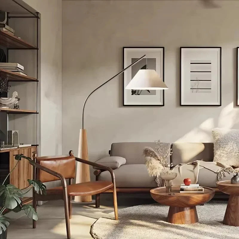 LumiArc – Luxe Houten Boogvloerlamp met Stoffen Kap