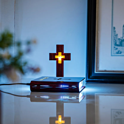 Handcrafted Heavenly Decor Levitating Cross & Divinely Illuminated Bible