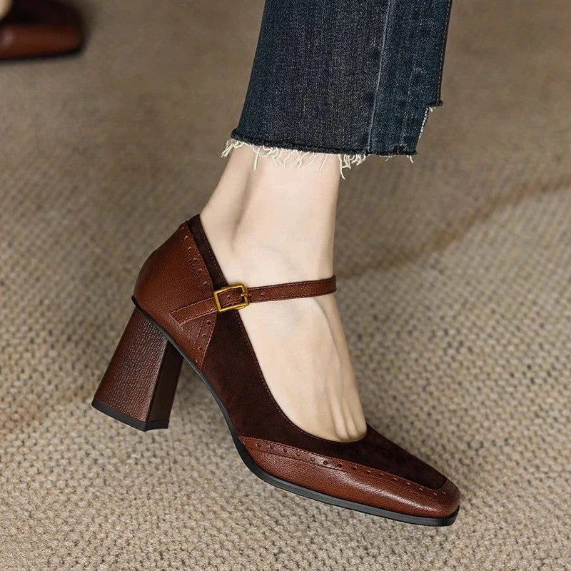Women's Square Toe Block Heel Pumps Ankle Strap Brogue