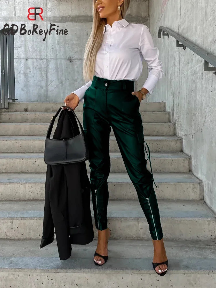 PU Leather Women's Pants Winter Fall High Waist Trousers Casual Loose Streetwear Zipper Joggers Black Cargo Pants for Women 2024
