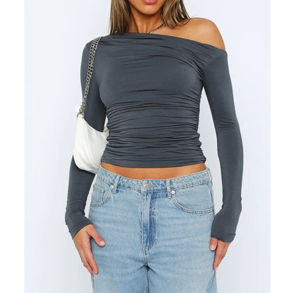Women’s Off-Shoulder Ruched Long Sleeve Top – Fitted Silhouette
