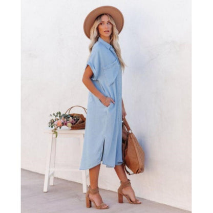 Liora | Afslappet Denim Skjortekjole i Let Chambray med Løs Pasform til Casual Hverdagsbrug | Blå Kjole