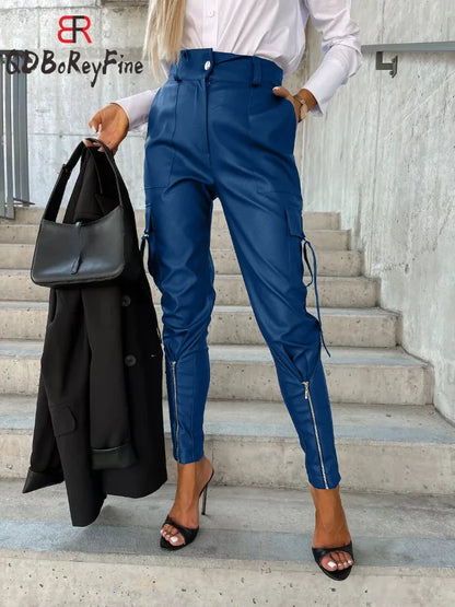 PU Leather Women's Pants Winter Fall High Waist Trousers Casual Loose Streetwear Zipper Joggers Black Cargo Pants for Women 2024