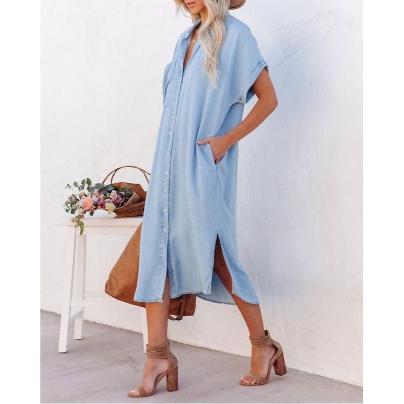 Liora | Afslappet Denim Skjortekjole i Let Chambray med Løs Pasform til Casual Hverdagsbrug | Blå Kjole