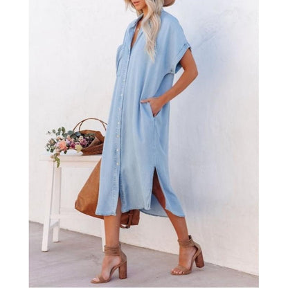Liora | Afslappet Denim Skjortekjole i Let Chambray med Løs Pasform til Casual Hverdagsbrug | Blå Kjole