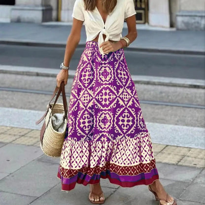 Women's Boho Maxi Skirt High Waist Floral Print Ruffle