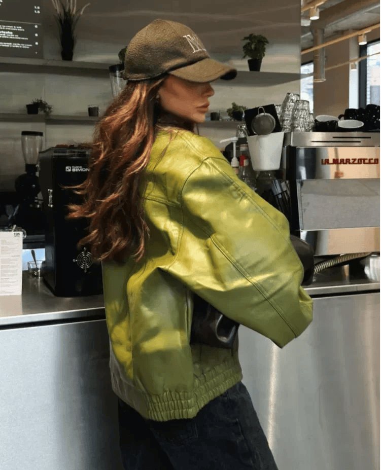 Lily-Rose - Vegan Leather Olive Green Leather Jacket In Olive Green