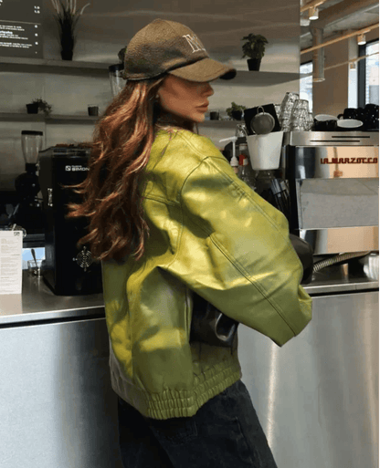 Lily-Rose - Vegan Leather Olive Green Leather Jacket In Olive Green