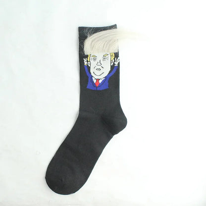 Funny President Donald Trump Socks with 3D Fake Hair Crew Socks Mens Compression Socks Streetwear Hip Hop 2022