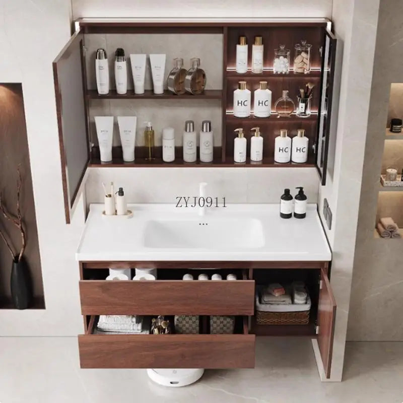 Modern style integrated walnut ceramic basin bathroom cabinet waterproof vanity