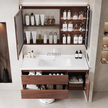 Modern style integrated walnut ceramic basin bathroom cabinet waterproof vanity