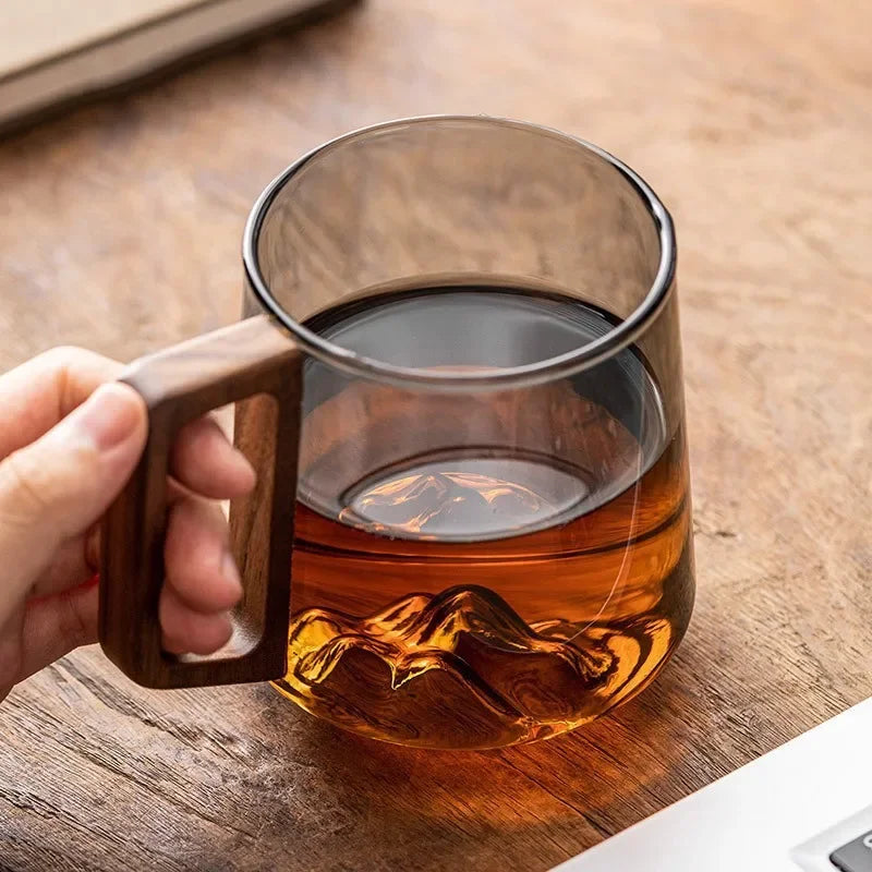 Glass Coffee Mug Borosilicate 4 in Heat-Resistant Mountain Peak Design Wooden Handle Everyday Tea Coffee Cup | Thomler