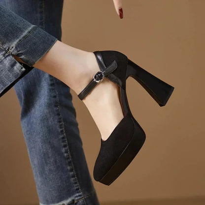Women's Platform Block Heel Pumps Ankle Strap High Heels