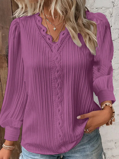 Women’s Elegant V-Neck Blouse – Structured Fabric Long Sleeve Lace Trim Detail