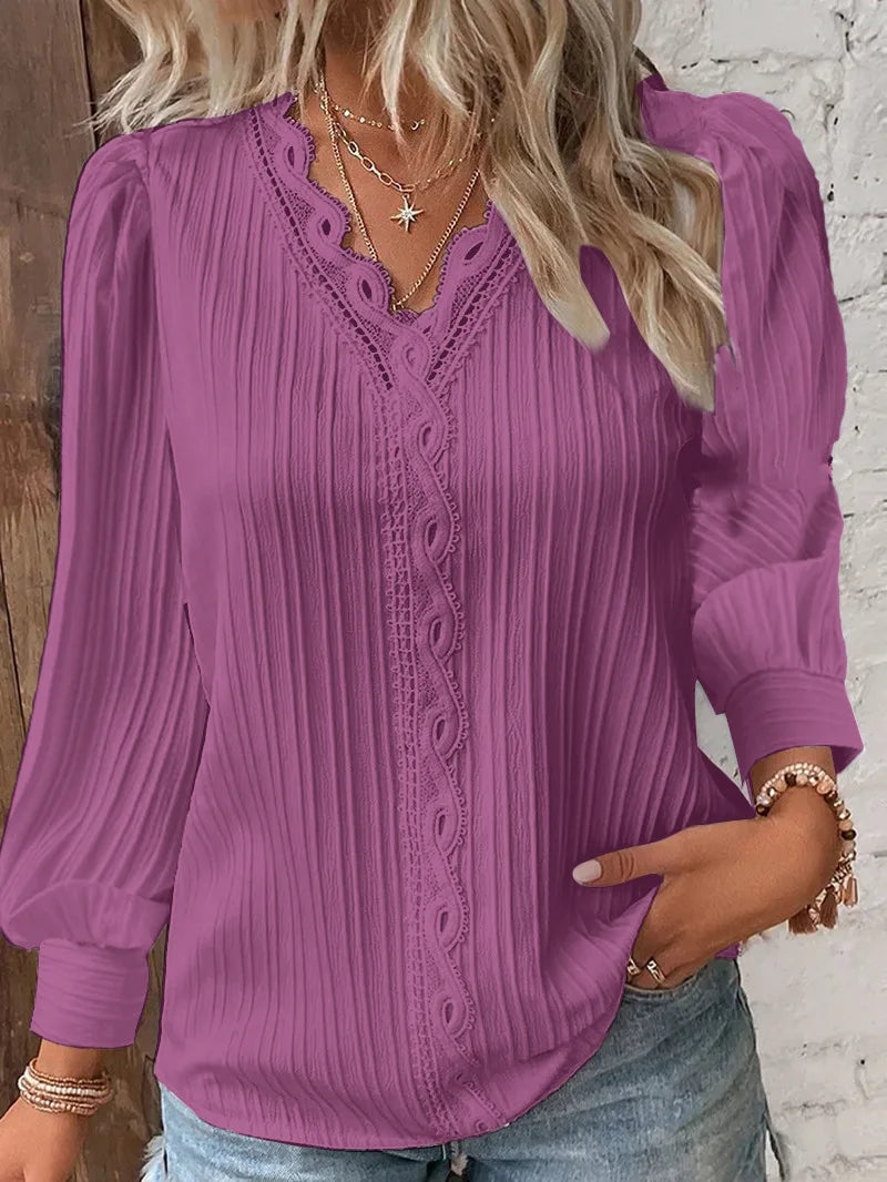 Women’s Lace Trim Blouse – Elegant V-Neck Lightweight Long Sleeve Stylish Feminine Chic Top