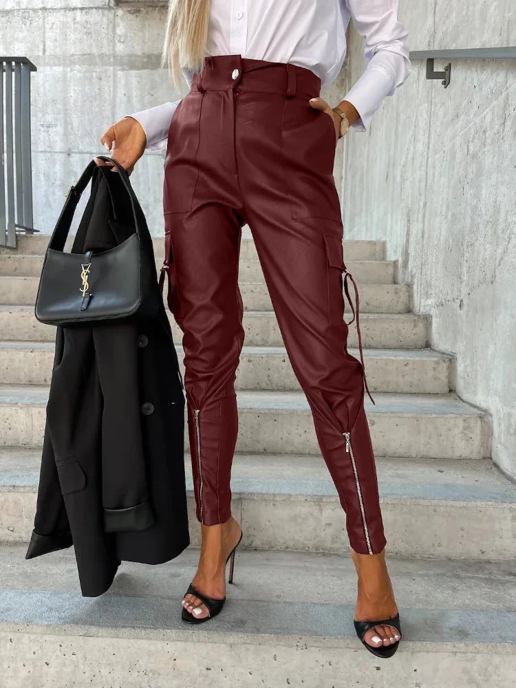 PU Leather Women's Pants Winter Fall High Waist Trousers Casual Loose Streetwear Zipper Joggers Black Cargo Pants for Women 2024