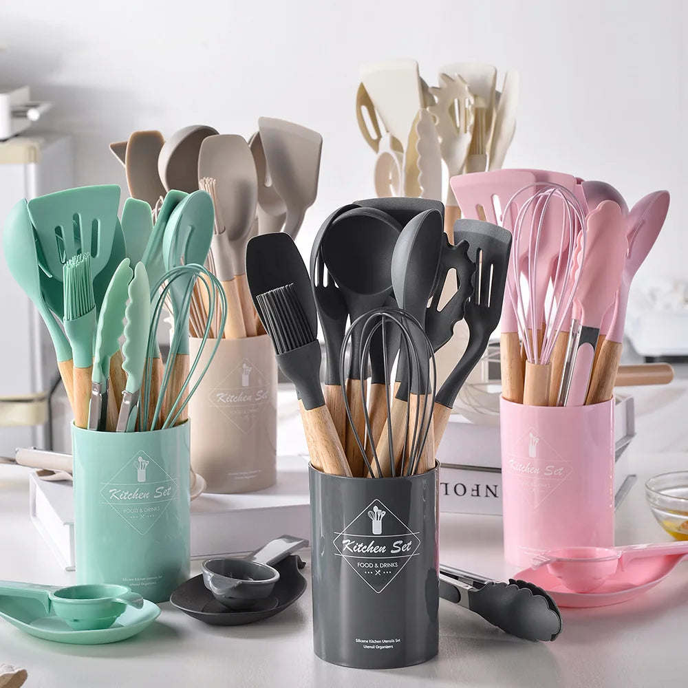 ChefEase – 12-Piece Silicone Kitchen Utensil Set with Wooden Handles
