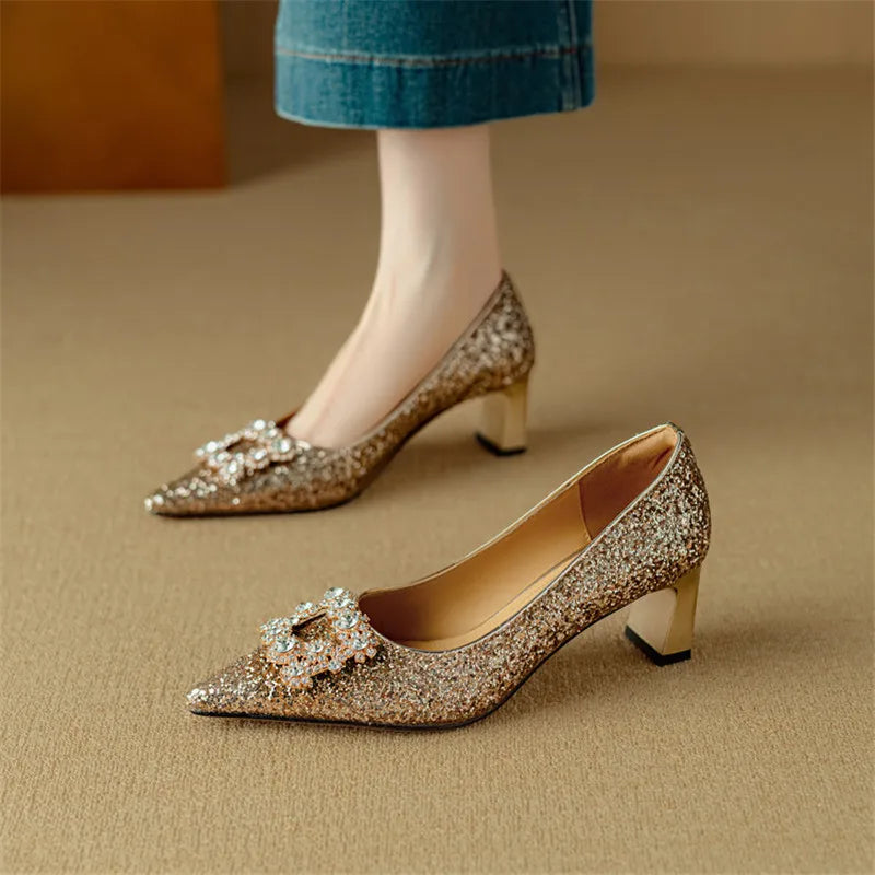 Stella | Women's Glitter Block Heel Pumps Pointed Toe Crystal Buckle