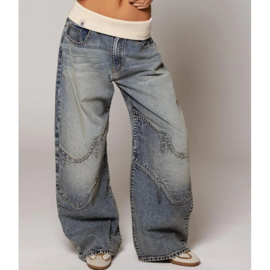 Jean baggy à jambes larges avec taille côtelée et style urbain streetwear