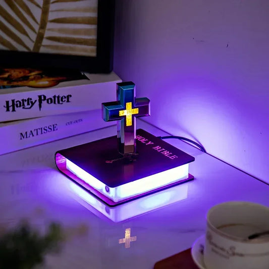 Handcrafted Heavenly Decor Levitating Cross & Divinely Illuminated Bible