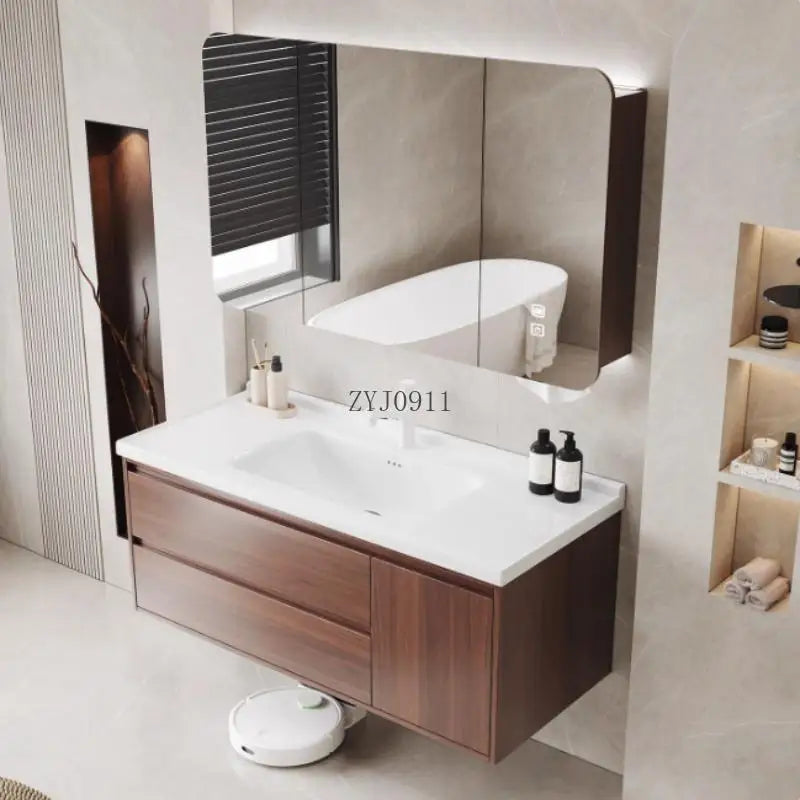 Modern style integrated walnut ceramic basin bathroom cabinet waterproof vanity