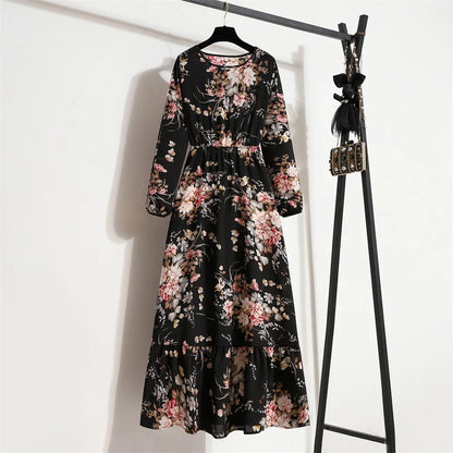 Spring Summer Women Maxi Dresses Casual Full Sleeve Floral Printed O-neck Woman Bohe Beach Party Long Dress Mujer Vestidos