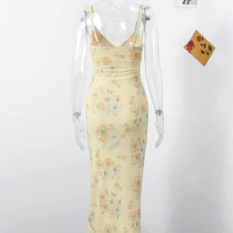 Summer Flower Printed Women's Sexy Low-cut Dress Sleeveless Backless Slim Sling Dresses 2025 Beach Vacation Lady Vestidos