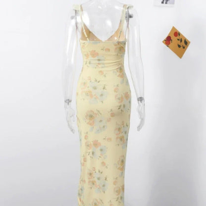 Summer Flower Printed Women's Sexy Low-cut Dress Sleeveless Backless Slim Sling Dresses 2025 Beach Vacation Lady Vestidos