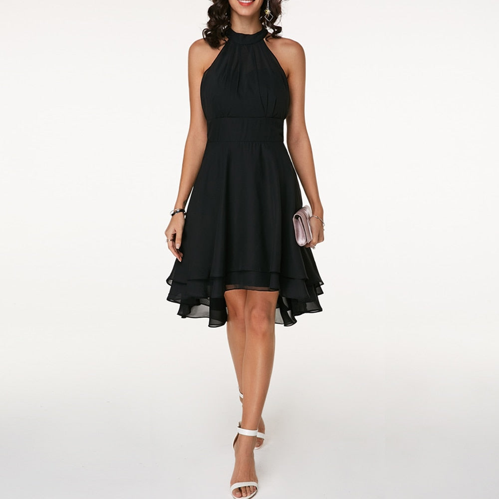 Delmara | Vestido mini para mujer con cuello halter y falda en capas | Acampanado