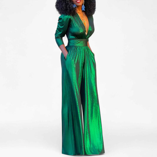 Zara – Elegante tuta verde smeraldo metallizzato con gambe larghe
