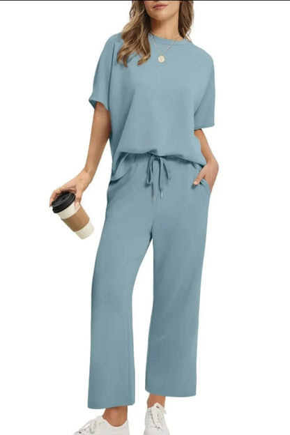 Damespak met korte mouwen, casual zeven-achths-broek, broek met wijde pijpen, 2025, nieuwe zomer dames