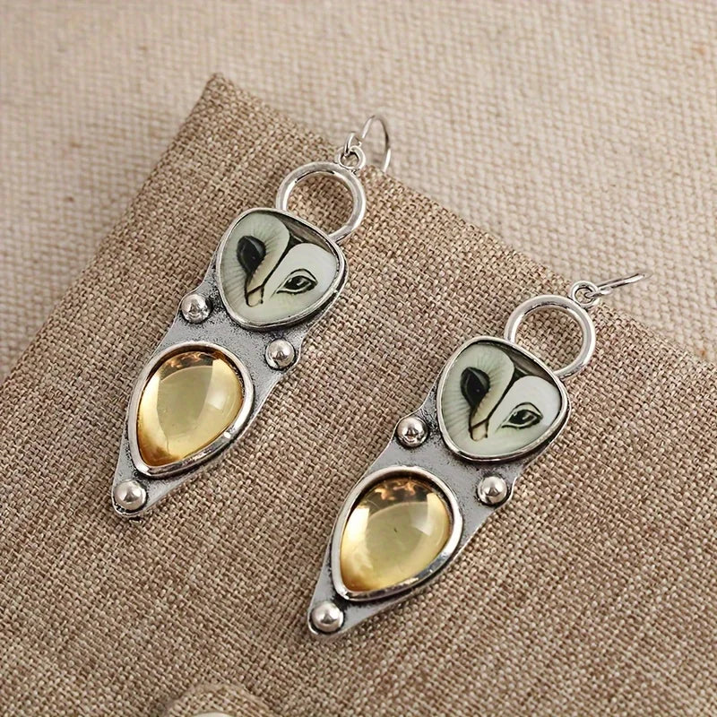 Silver-Tone Owl Earrings with Golden Citrine Gemstone Drops