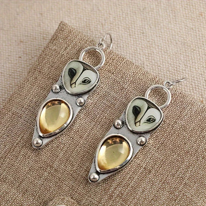 Silver-Tone Owl Earrings with Golden Citrine Gemstone Drops