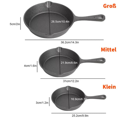 Gietijzeren Koekenpannenset 3-delig 16-20-26cm Inductie Gasfornuis Ongecoat Braadpan Omeletpan Roerbakpan Zwart | Restfield