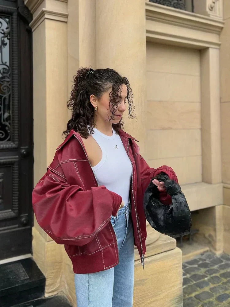 Samantha | Women oversized Leather Bomber Zip jacket
