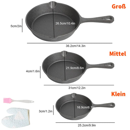 Gietijzeren Koekenpannenset 3-delig 16-20-26cm Inductie Gasfornuis Ongecoat Braadpan Omeletpan Roerbakpan Zwart | Restfield