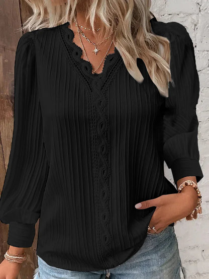 Women’s Elegant V-Neck Blouse – Structured Fabric Long Sleeve Lace Trim Detail