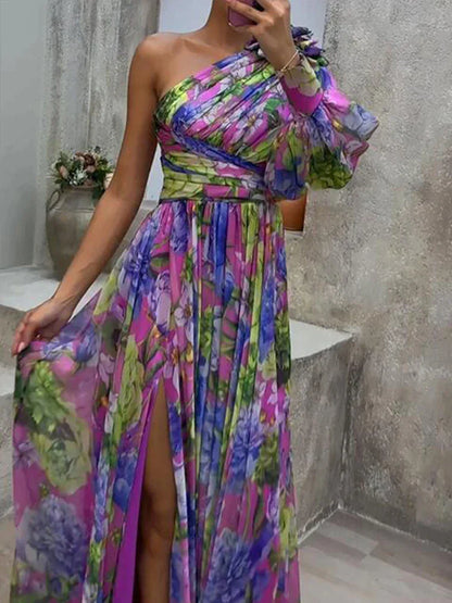 Damen One Shoulder Kleid mit Print | Maxi