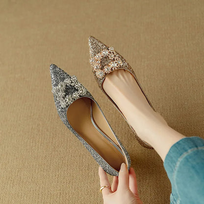 Stella | Women's Glitter Block Heel Pumps Pointed Toe Crystal Buckle
