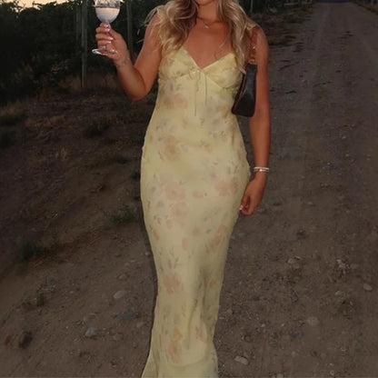 Summer Flower Printed Women's Sexy Low-cut Dress Sleeveless Backless Slim Sling Dresses 2025 Beach Vacation Lady Vestidos