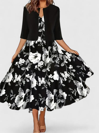 Women's Floral Midi Dress 3/4 Sleeve A-Line Occasion Dress