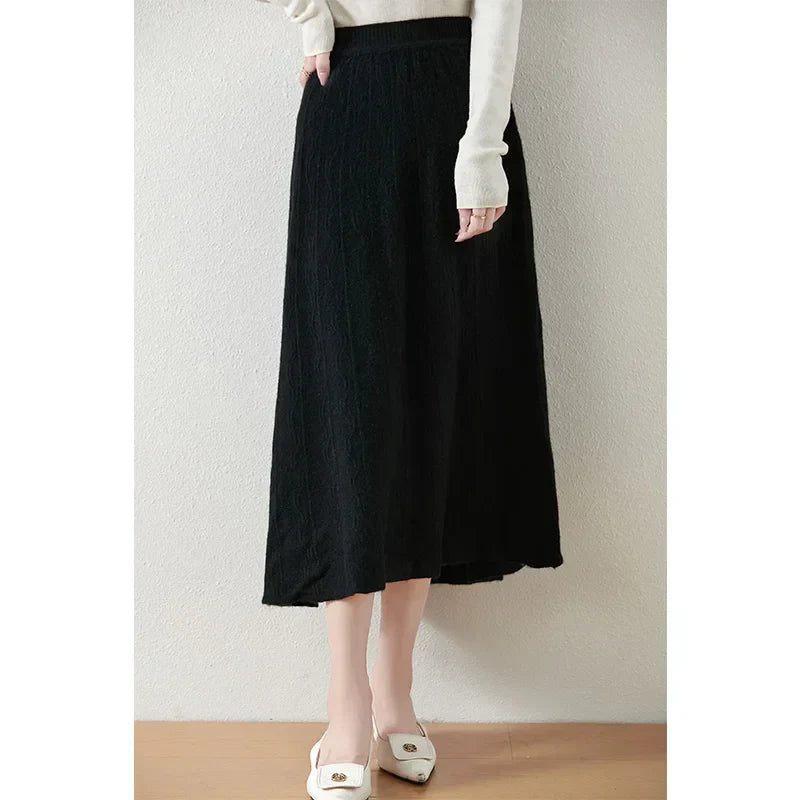 Jupe midi trapèze en laine mérinos – Tricot doux, chaud et élégant