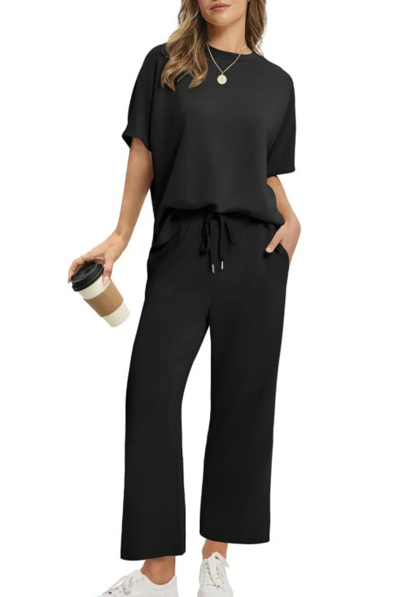Damespak met korte mouwen, casual zeven-achths-broek, broek met wijde pijpen, 2025, nieuwe zomer dames